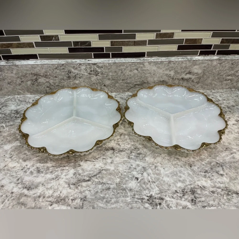 Vintage milk glass divided serving dish Set of 2